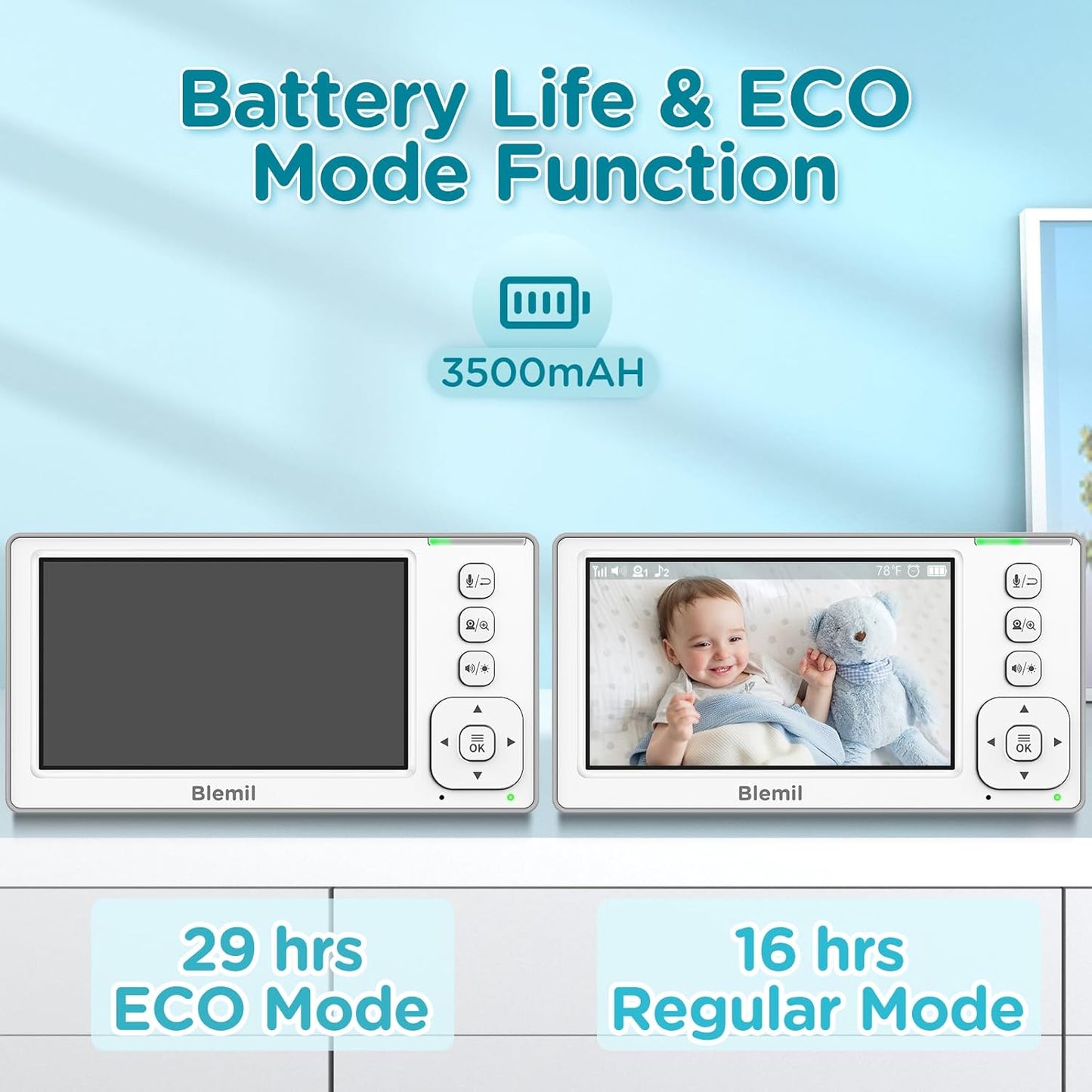 Upgrade Baby Monitor with 29-Hour Battery, 4.3'' IPS Split-Screen Video Baby Monitor with Two Cameras and Audio, Remote Pan/Tilt/Zoom, Two-Way Talk, Room Temperature, No Wifi, 2X Zoom