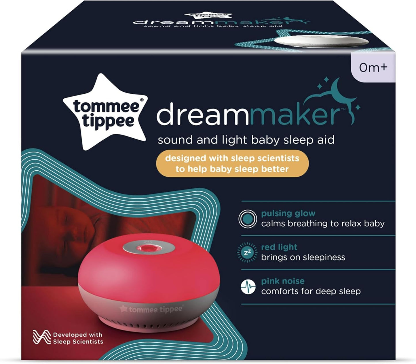 Dreammaker Baby Sleep Aid, Developed with Scientists, LED Red Nightlight, Adjustable Brightness and Pulsing Glow, Automatic Crysensor Soothes with Pink Noise