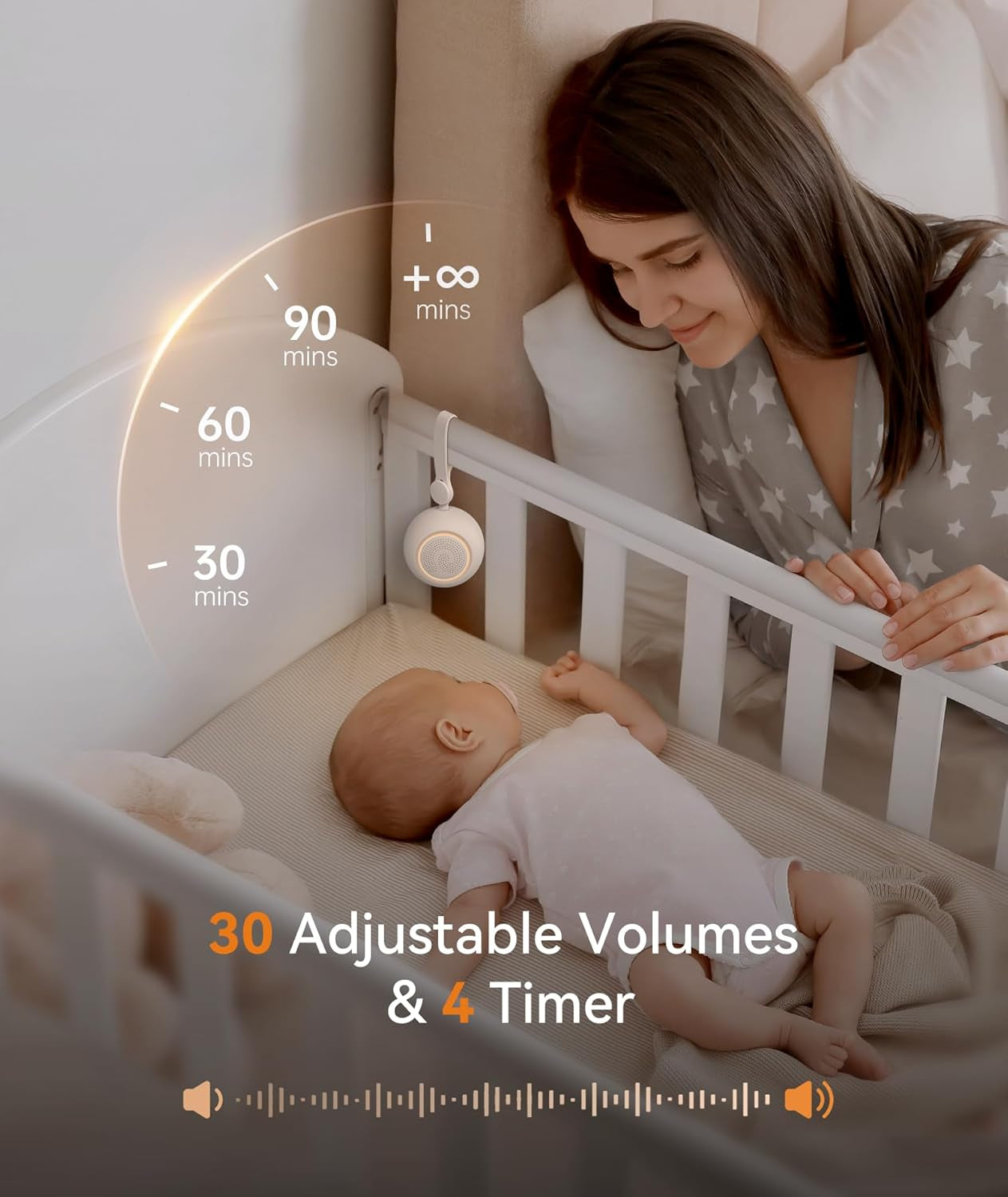 White Noise Machine Baby, Portable White Noise Machine with 19 Soothing Sounds, Nursery Night Light, 32 Volume&4 Timer, White Noise Sound Machine for Stroller Sleep Travel, Newborn Essentials