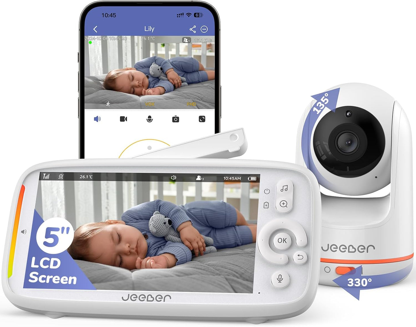 2K Wifi Smart Video Baby Monitor with Camera, Phone App & 5'' Screen Control, Motion & Cry Detection, Night Vision, Two-Way Talk, Lullabies, Temperature Sensor, 3050Mah Battery, 360° PTZ
