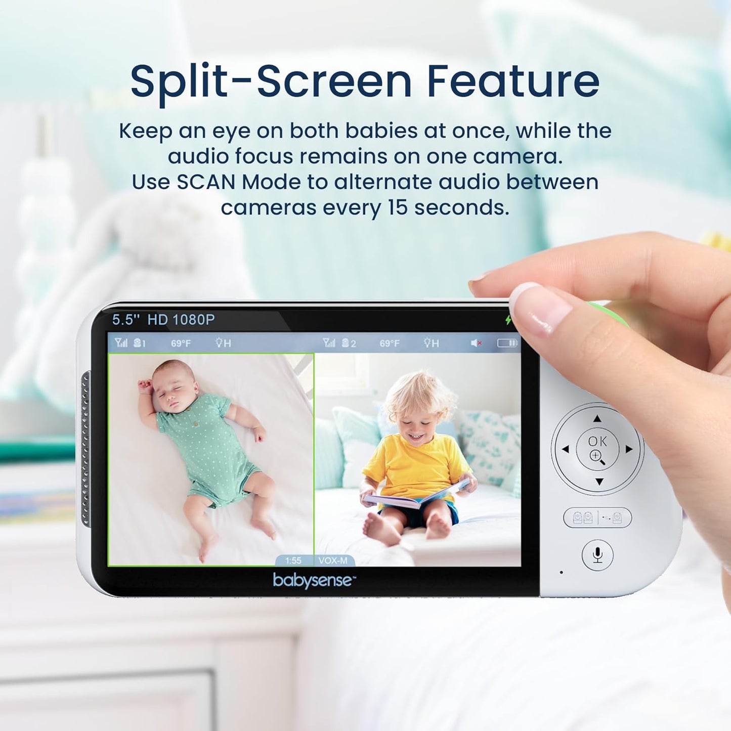 5.5” 1080P Full HD Split-Screen Baby Monitor, Video Baby Monitor with Camera and Audio, Two PTZ Cameras, RGB Night Light, 300M Range, Two-Way Audio, 4X Zoom, 5000Mah Battery