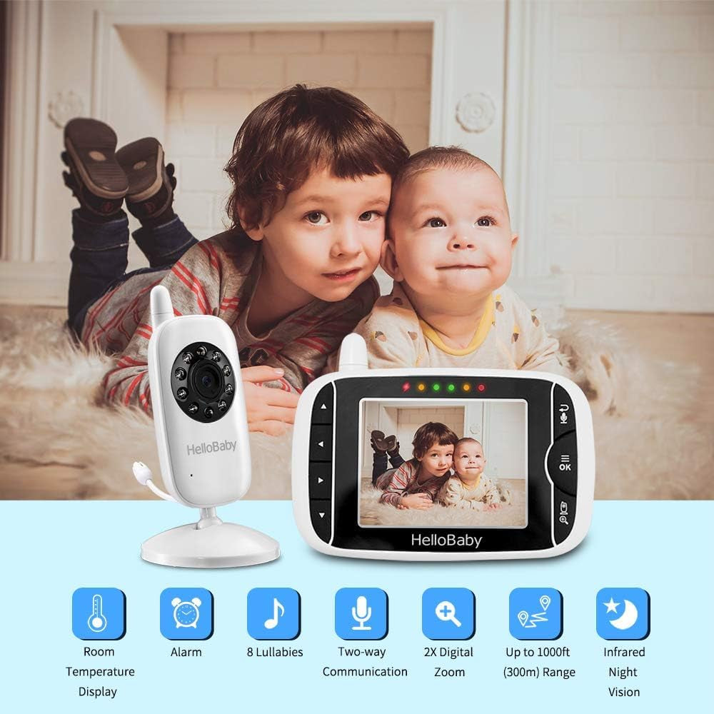Wireless Video Baby Monitor with Camera and Night Vision, 3.2 Inch Screen Night Vision Temperature Monitoring & 2 Way Talkback System Lullabies UK Interface Plug (HB32)