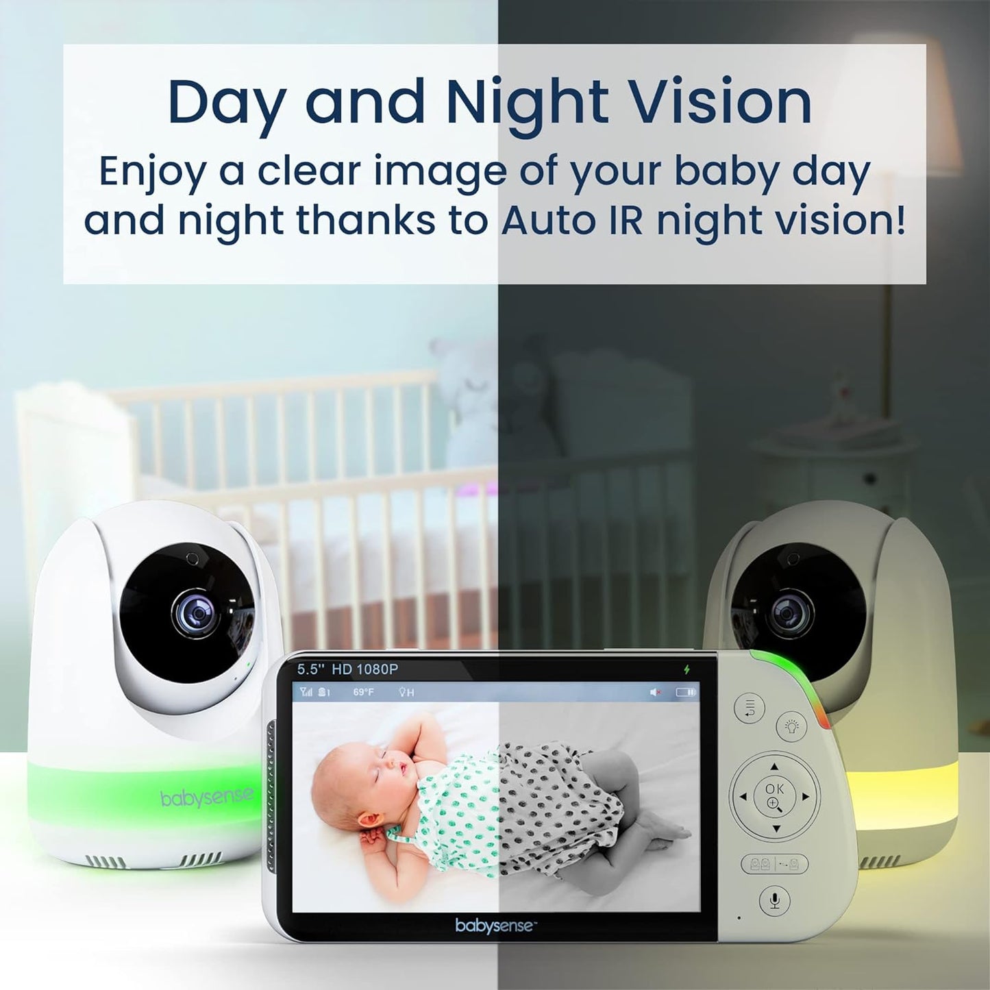 5.5” 1080P Full HD Split-Screen Baby Monitor, Video Baby Monitor with Camera and Audio, PTZ Camera, RGB Night Light, 300M Range, Two-Way Audio, 4X Zoom, 5000Mah Battery
