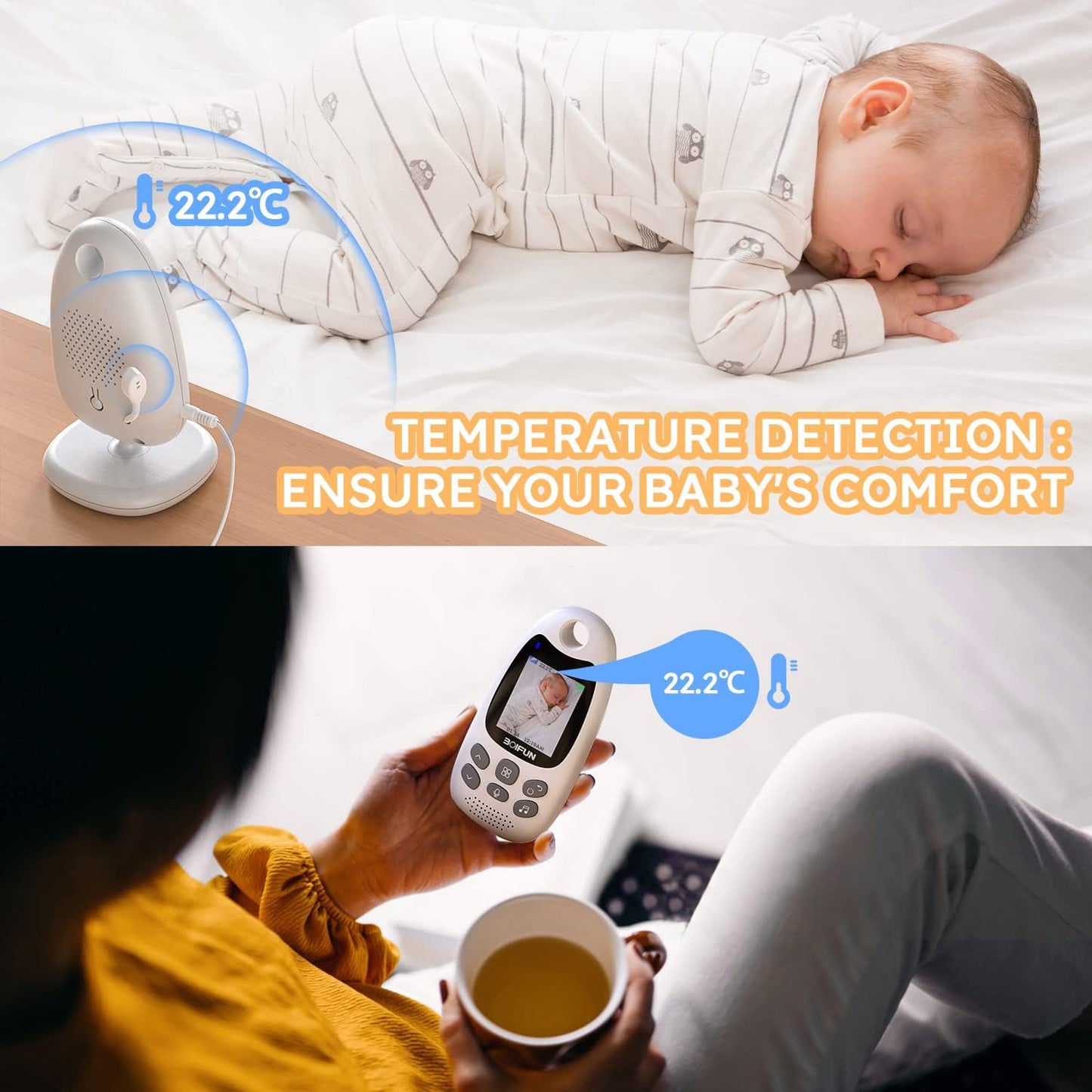 Baby Monitor with Camera and Night Vision, No Wifi, Two-Way Audio, 720P, ECO Mode, Battery, 8 Lullabies, Feeding Reminder, Smart Temperature Sensor, 2'' Screen, Elder/Pet, Video Baby Camera