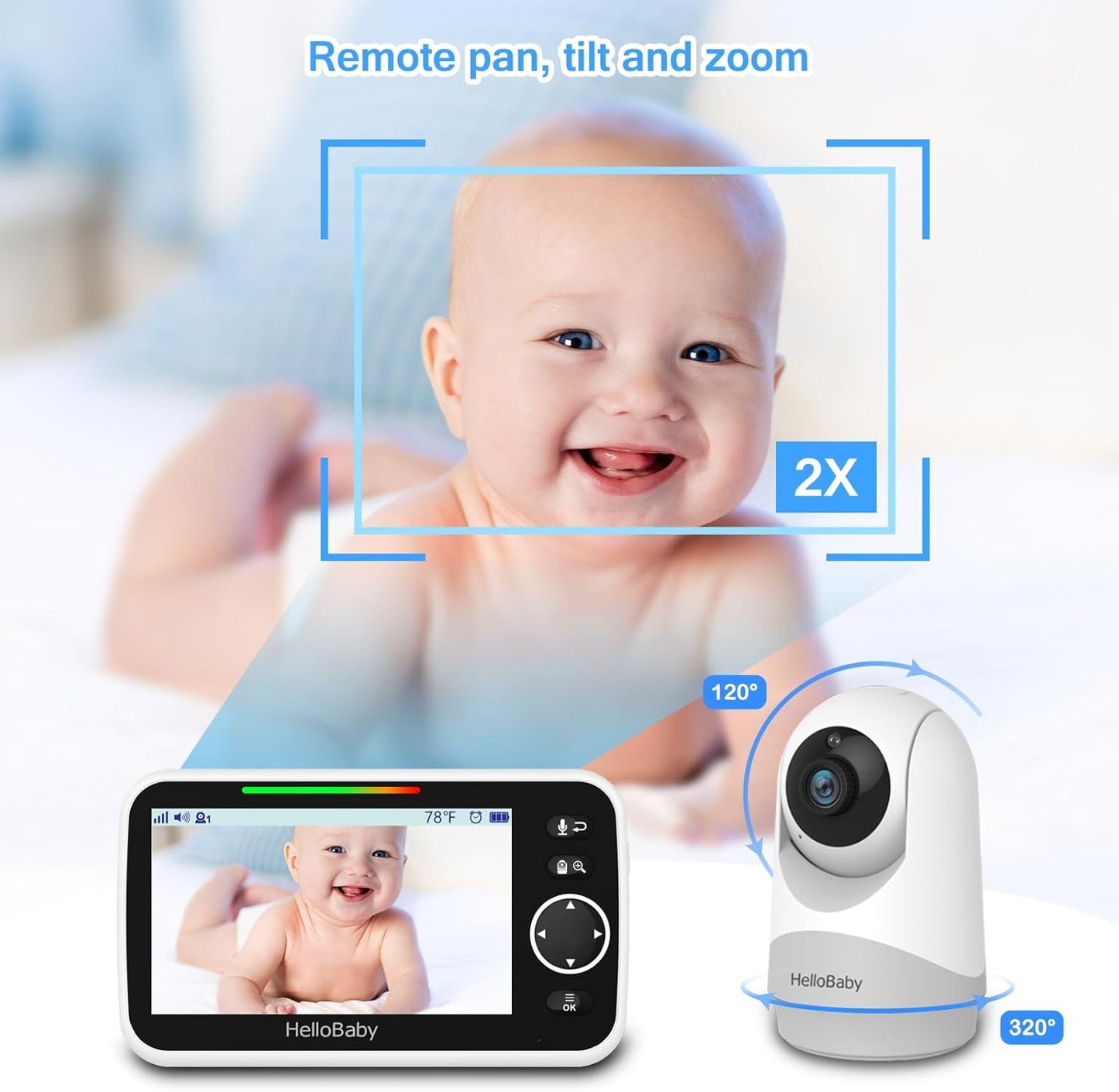 Monitor with Camera and Audio, 5'' Large Screen with 3500Mah Battery, Remote Pan-Tilt-Zoom Camera, Two-Way Talk, Eco-Mode, Auto-Night Vision, Range up to 960Ft and No Wifi