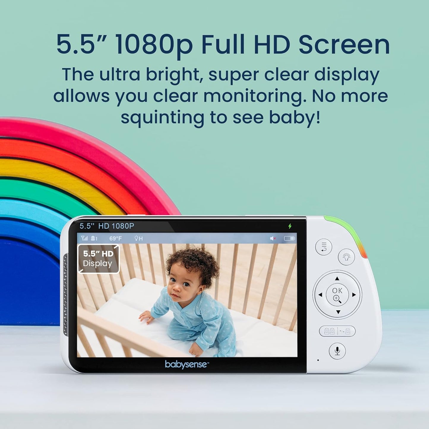 5.5” 1080P Full HD Split-Screen Baby Monitor, Video Baby Monitor with Camera and Audio, PTZ Camera, RGB Night Light, 300M Range, Two-Way Audio, 4X Zoom, 5000Mah Battery