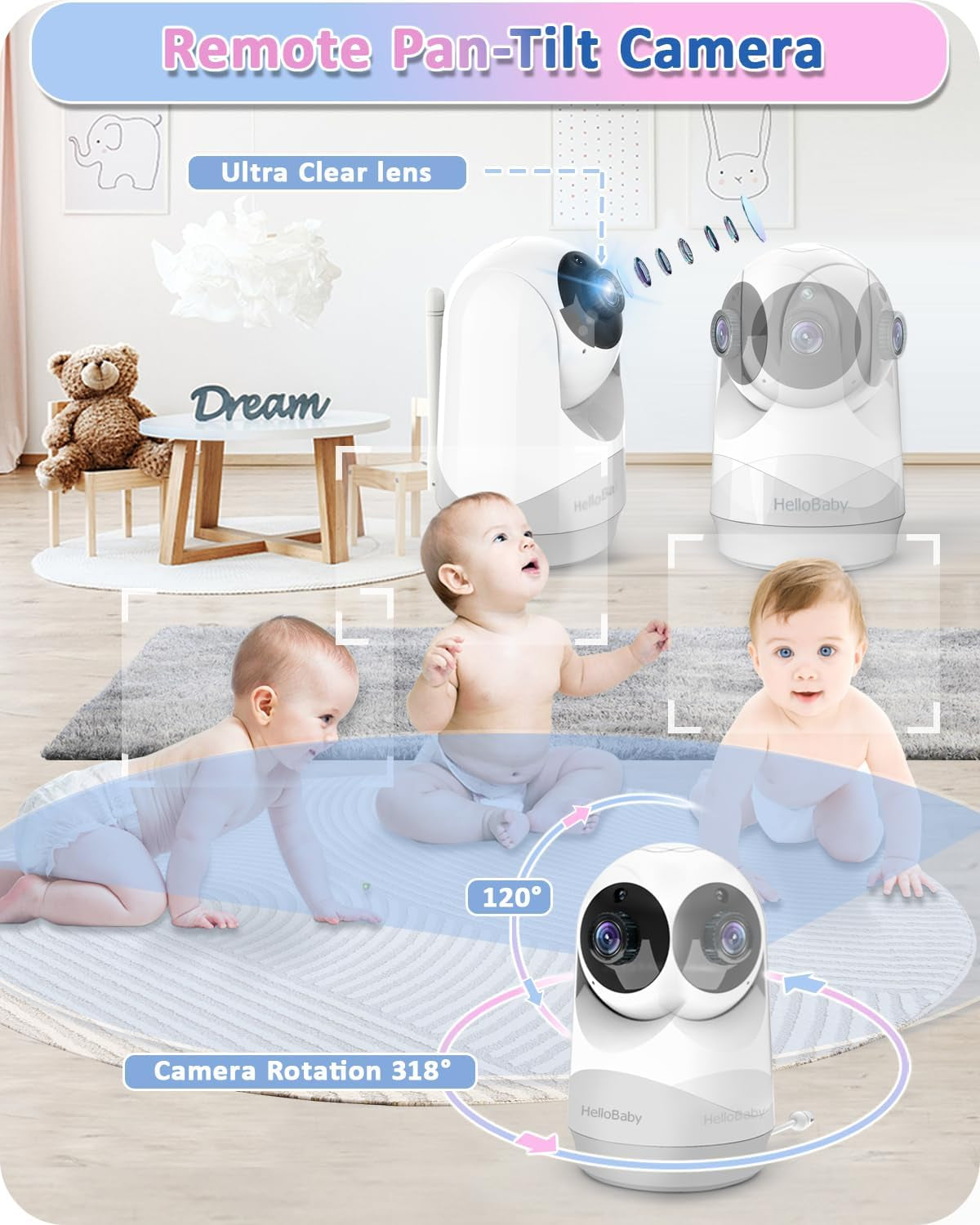 Baby Monitor,29-Hour Battery Life,Upgrade Baby Monitor with Camera and Night Vision,No Wifi,355°/120° Remote Pan Tilt Camera 2X Zoom, ECO Mode,2-Way Talk,Up to 1000Ft,Temperature
