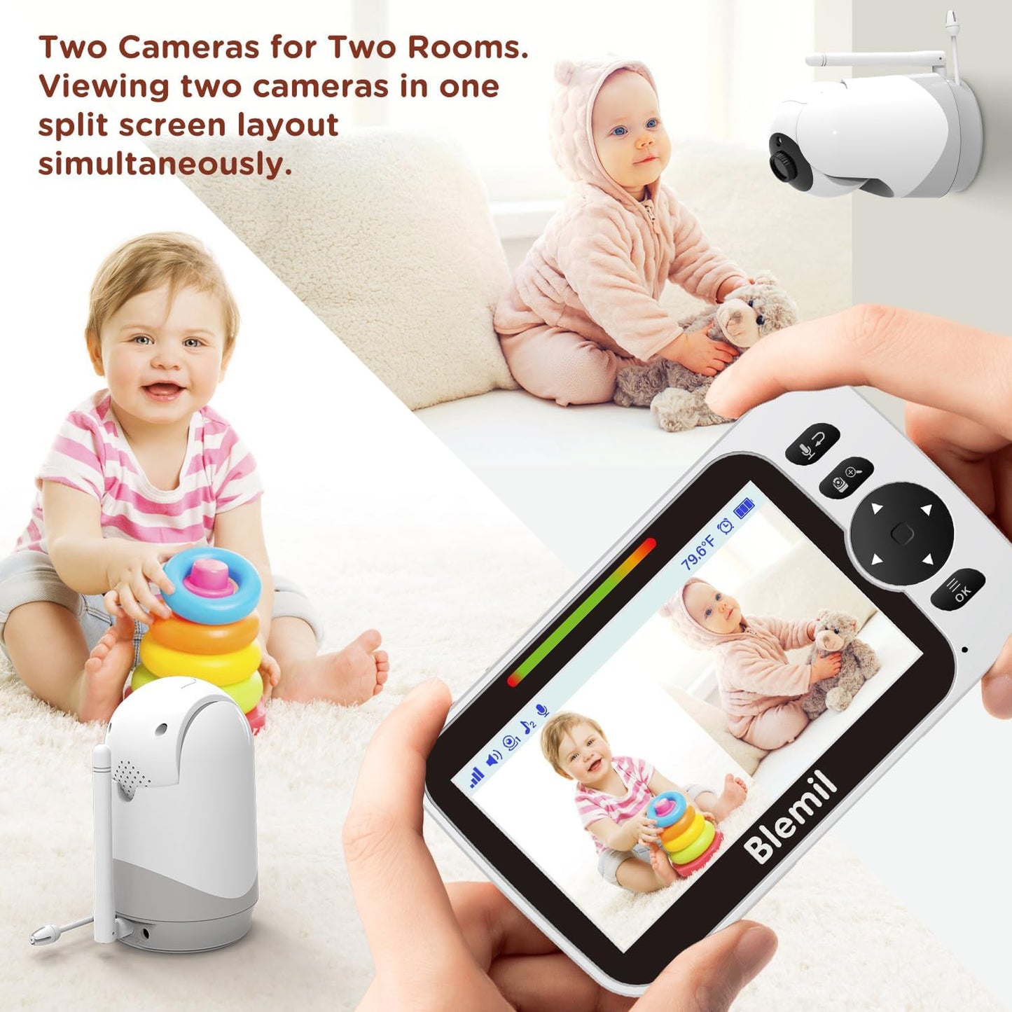 5" Split-Screen Baby Monitor with 30-Hour Battery, Large Video Baby Monitor with Camera and Night Vision, Remote Pan/Tilt/Zoom Camera, Two-Way Talk, Lullabies, No Wifi,Up to 1000Ft