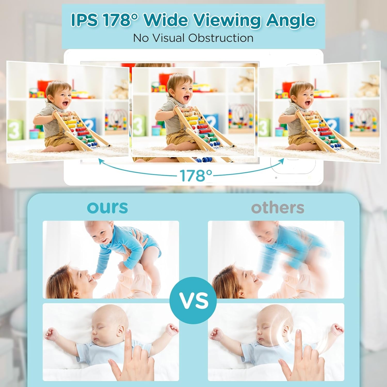 Upgrade Baby Monitor with 29-Hour Battery, 4.3'' IPS Split-Screen Video Baby Monitor with Two Cameras and Audio, Remote Pan/Tilt/Zoom, Two-Way Talk, Room Temperature, No Wifi, 2X Zoom