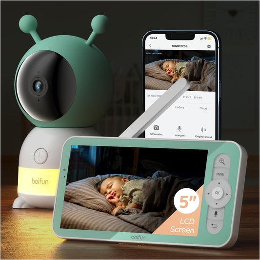 2K Wifi Video Baby Monitor, App & 5'' Screen Control, Night Light, Motion&Cry Detection, PTZ, Auto Tracking, 3000Mah Battery,Humidity & Temperature Sensor, Baby Monitor with Camera Night Vision
