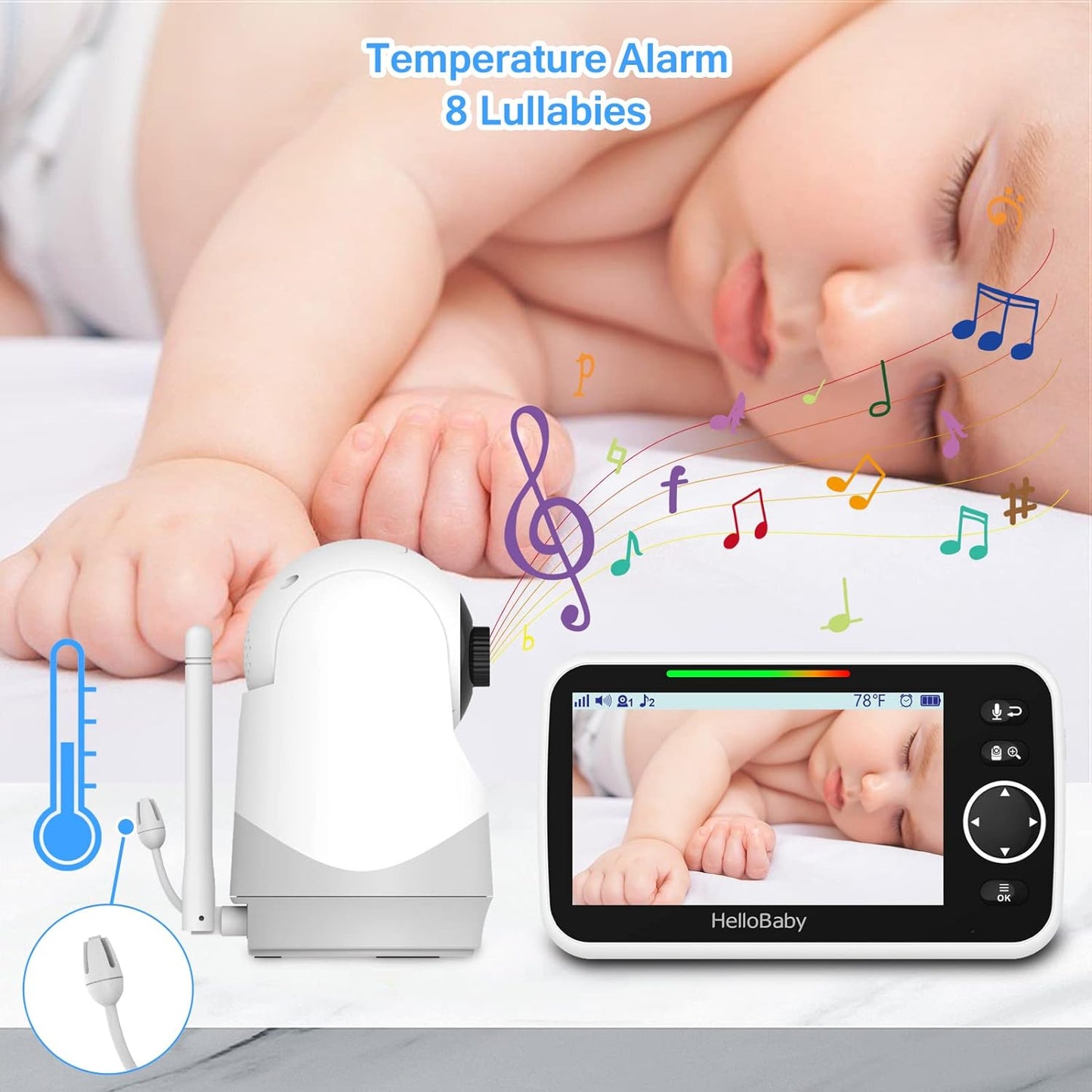 Monitor with Camera and Audio, 5'' Large Screen with 3500Mah Battery, Remote Pan-Tilt-Zoom Camera, Two-Way Talk, Eco-Mode, Auto-Night Vision, Range up to 960Ft and No Wifi