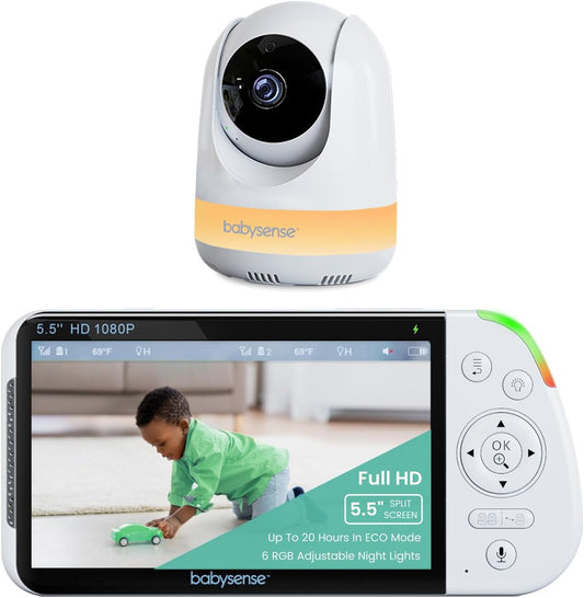 5.5” 1080P Full HD Split-Screen Baby Monitor, Video Baby Monitor with Camera and Audio, PTZ Camera, RGB Night Light, 300M Range, Two-Way Audio, 4X Zoom, 5000Mah Battery