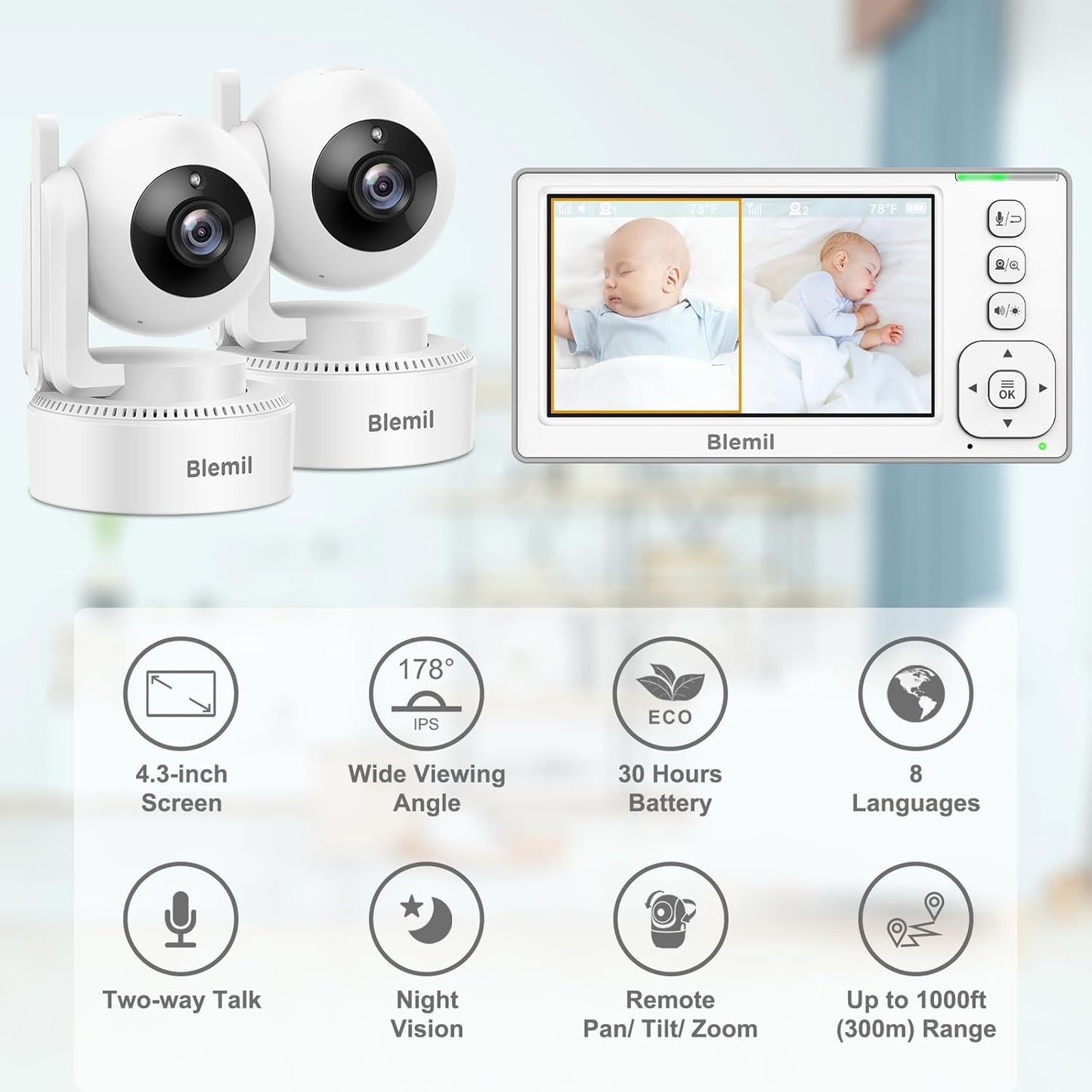 Upgrade Baby Monitor with 29-Hour Battery, 4.3'' IPS Split-Screen Video Baby Monitor with Two Cameras and Audio, Remote Pan/Tilt/Zoom, Two-Way Talk, Room Temperature, No Wifi, 2X Zoom