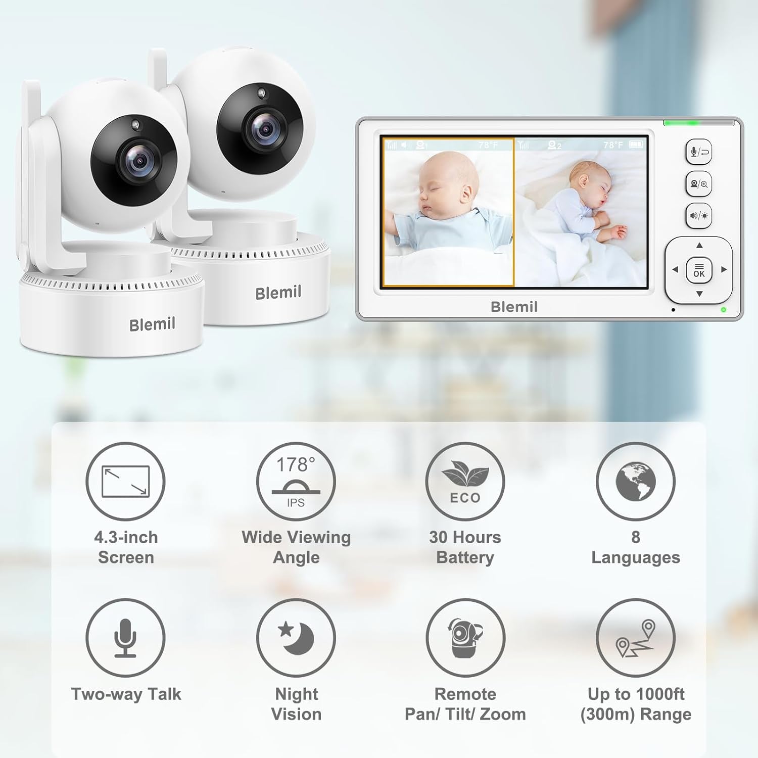 Upgrade Baby Monitor with 29-Hour Battery, 4.3'' IPS Split-Screen Video Baby Monitor with Two Cameras and Audio, Remote Pan/Tilt/Zoom, Two-Way Talk, Room Temperature, No Wifi, 2X Zoom