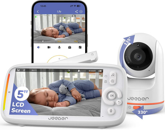 2K Wifi Smart Video Baby Monitor with Camera, Phone App & 5'' Screen Control, Motion & Cry Detection, Night Vision, Two-Way Talk, Lullabies, Temperature Sensor, 3050Mah Battery, 360° PTZ