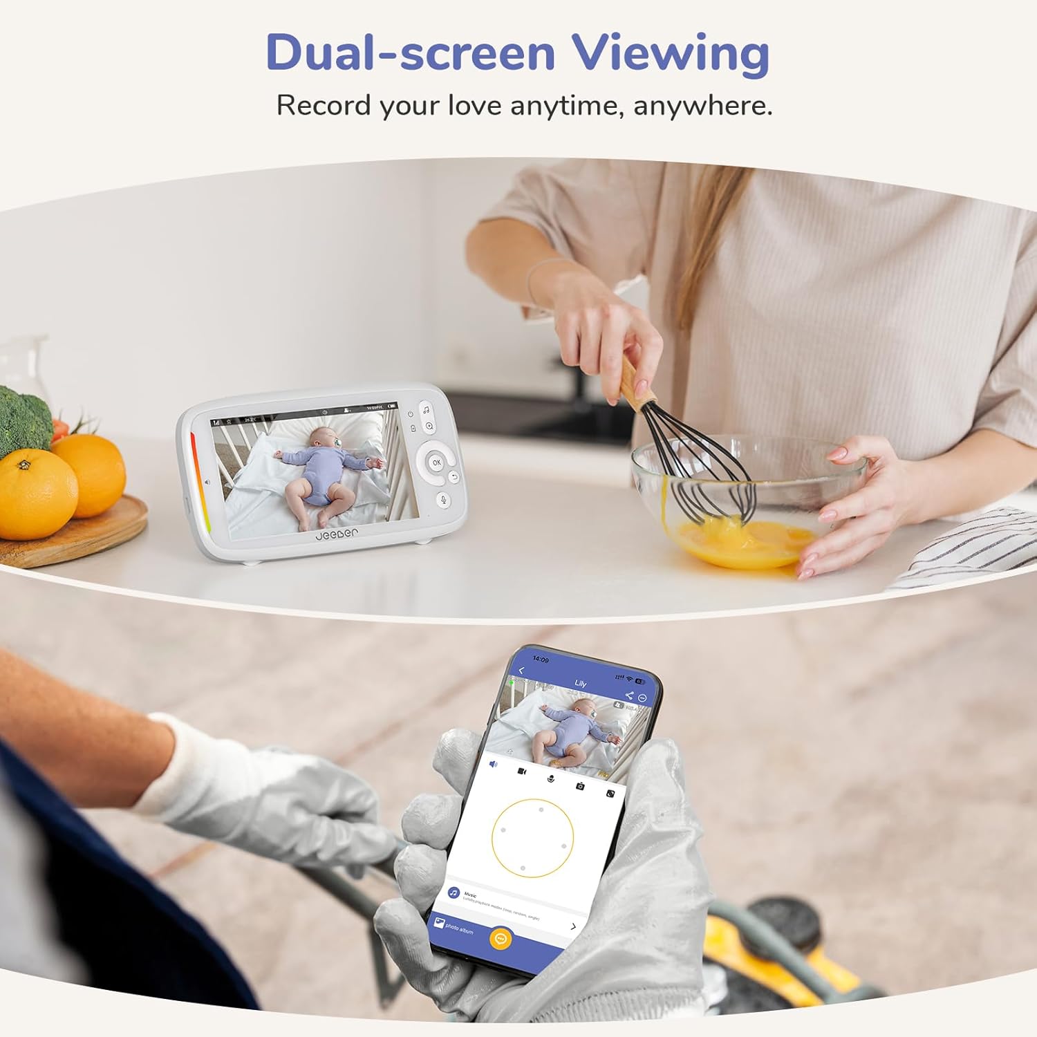 2K Wifi Smart Video Baby Monitor with Camera, Phone App & 5'' Screen Control, Motion & Cry Detection, Night Vision, Two-Way Talk, Lullabies, Temperature Sensor, 3050Mah Battery, 360° PTZ
