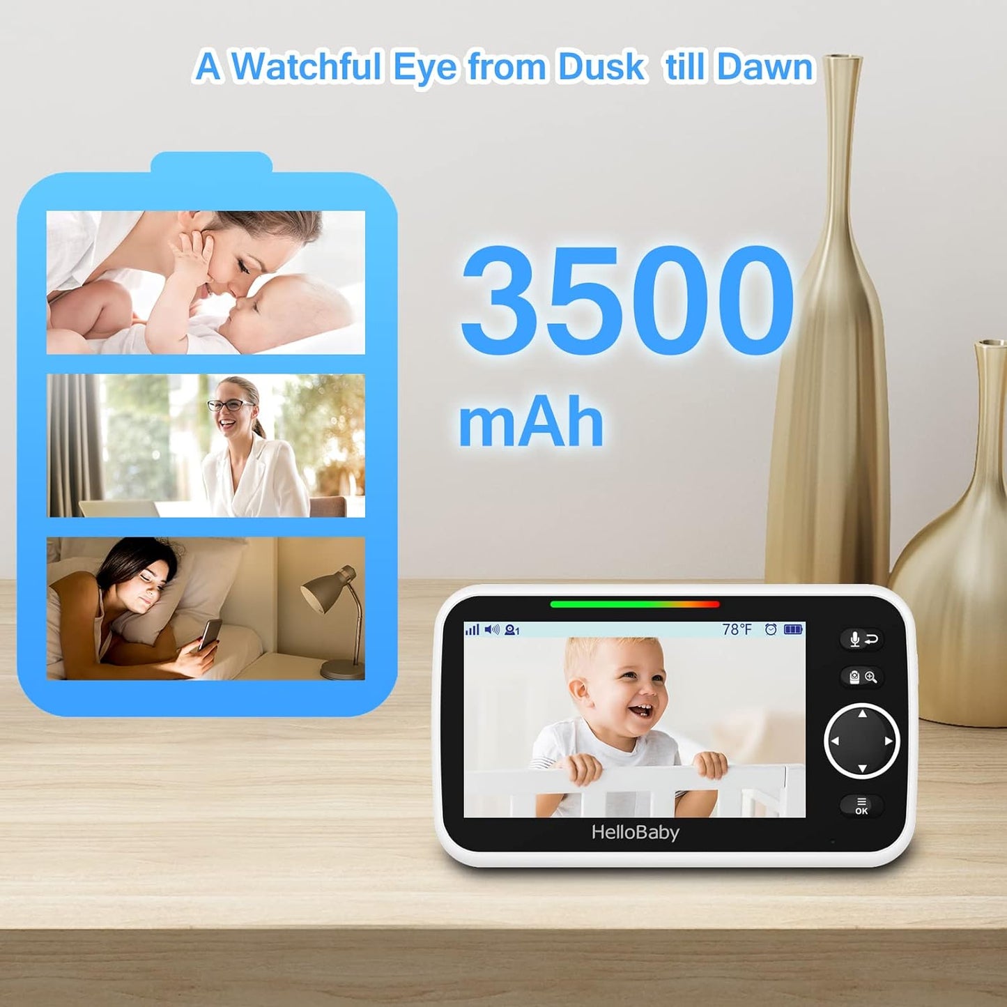 Monitor with Camera and Audio, 5'' Large Screen with 3500Mah Battery, Remote Pan-Tilt-Zoom Camera, Two-Way Talk, Eco-Mode, Auto-Night Vision, Range up to 960Ft and No Wifi
