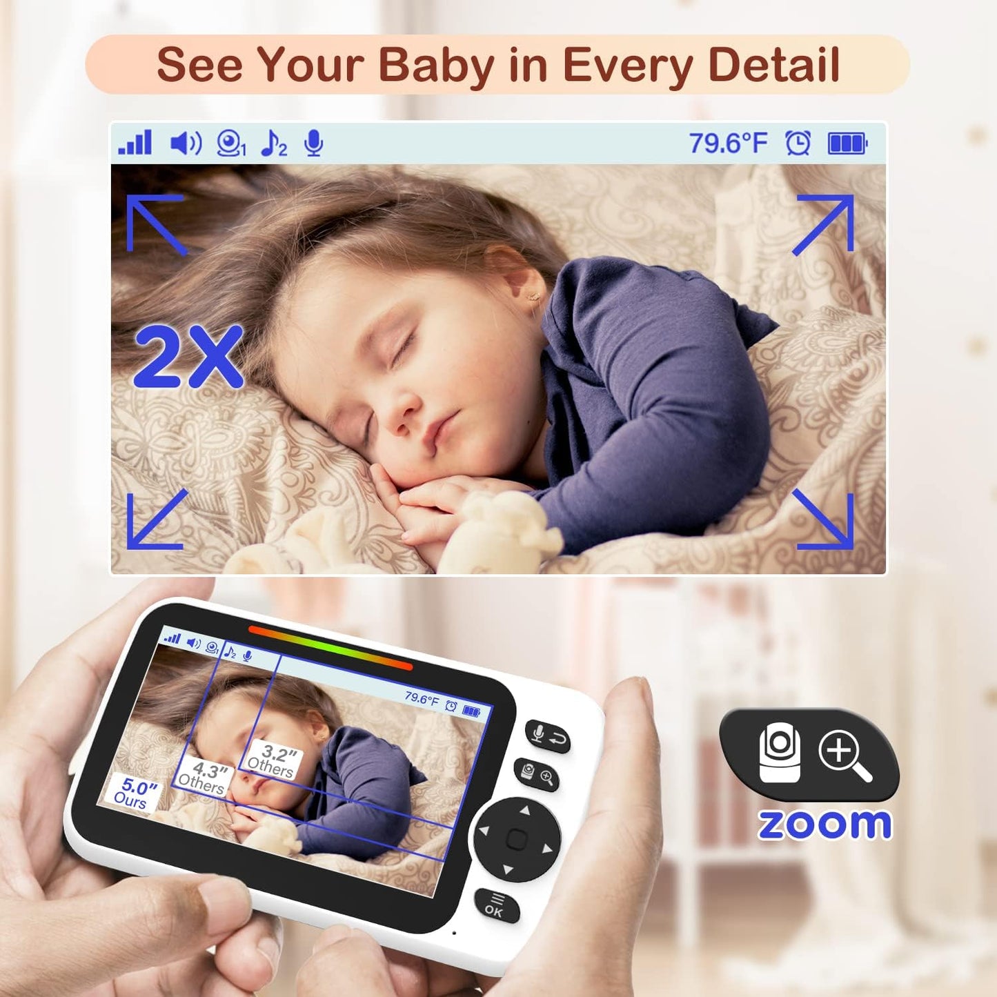 5" Split-Screen Baby Monitor with 30-Hour Battery, Large Video Baby Monitor with Camera and Night Vision, Remote Pan/Tilt/Zoom Camera, Two-Way Talk, Lullabies, No Wifi,Up to 1000Ft