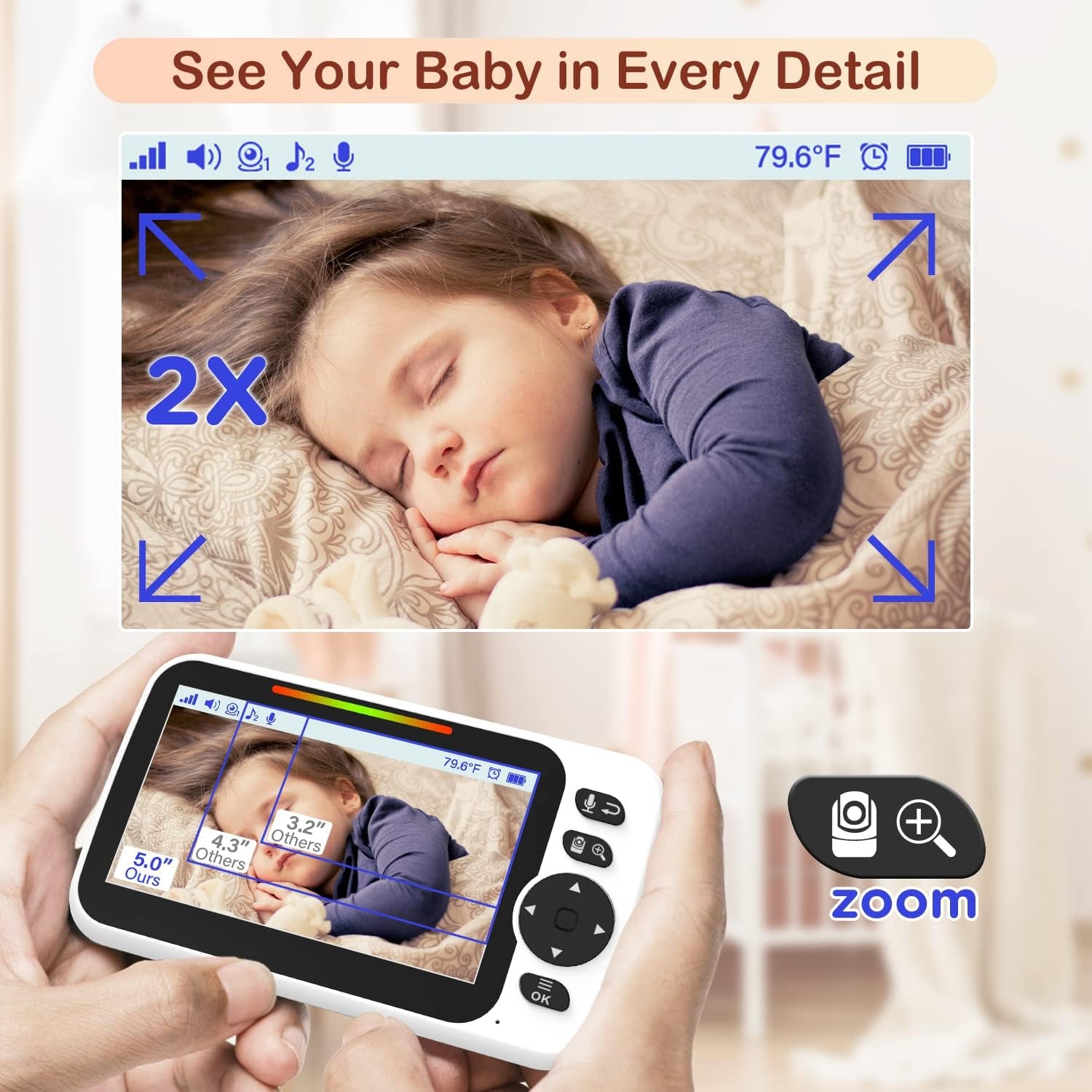 5" Split-Screen Baby Monitor with 30-Hour Battery, Large Video Baby Monitor with Camera and Night Vision, Remote Pan/Tilt/Zoom Camera, Two-Way Talk, Lullabies, No Wifi,Up to 1000Ft