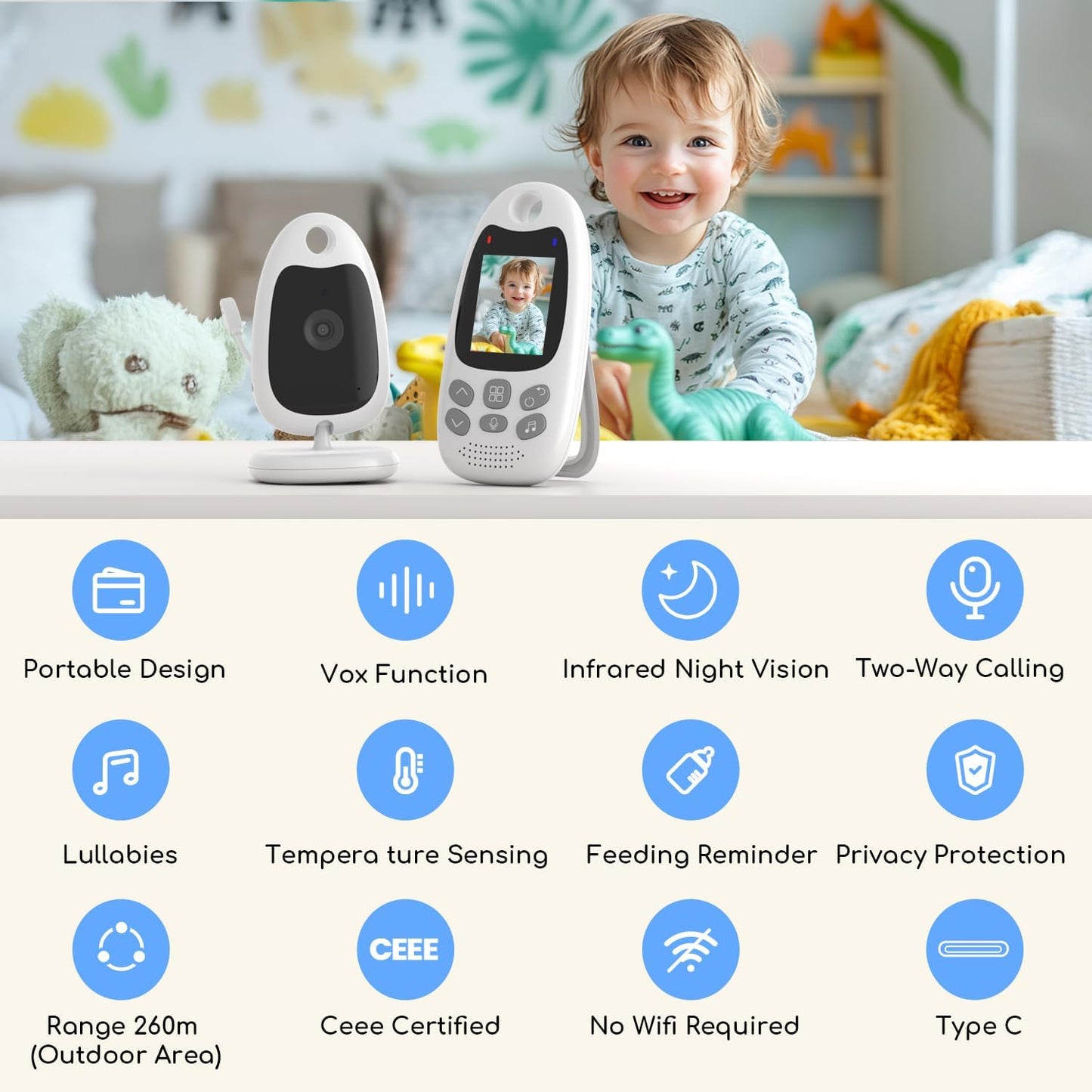 Baby Monitor with Camera and Night Vision, No Wifi, Two-Way Audio, 720P, ECO Mode, Battery, 8 Lullabies, Feeding Reminder, Smart Temperature Sensor, 2'' Screen, Elder/Pet, Video Baby Camera