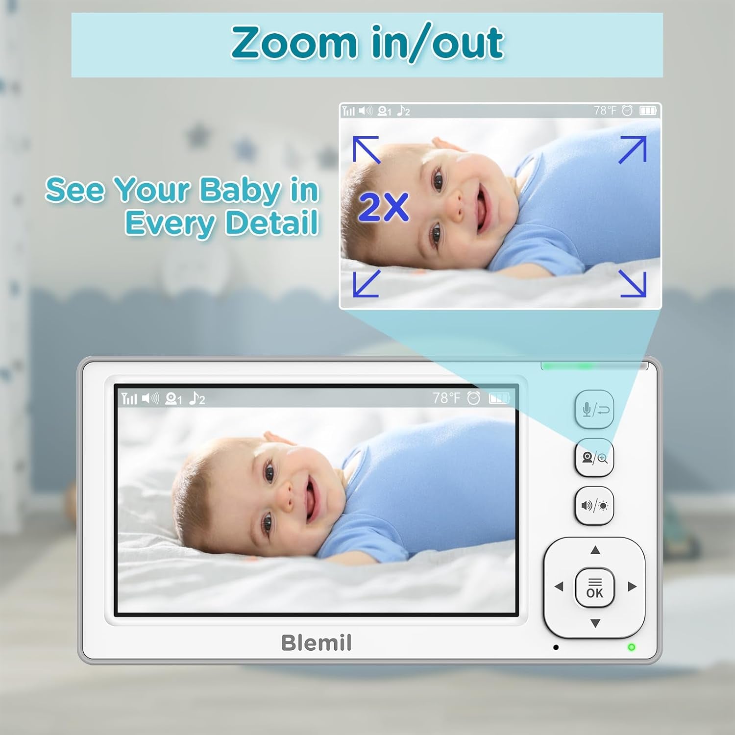 Upgrade Baby Monitor with 29-Hour Battery, 4.3'' IPS Split-Screen Video Baby Monitor with Two Cameras and Audio, Remote Pan/Tilt/Zoom, Two-Way Talk, Room Temperature, No Wifi, 2X Zoom