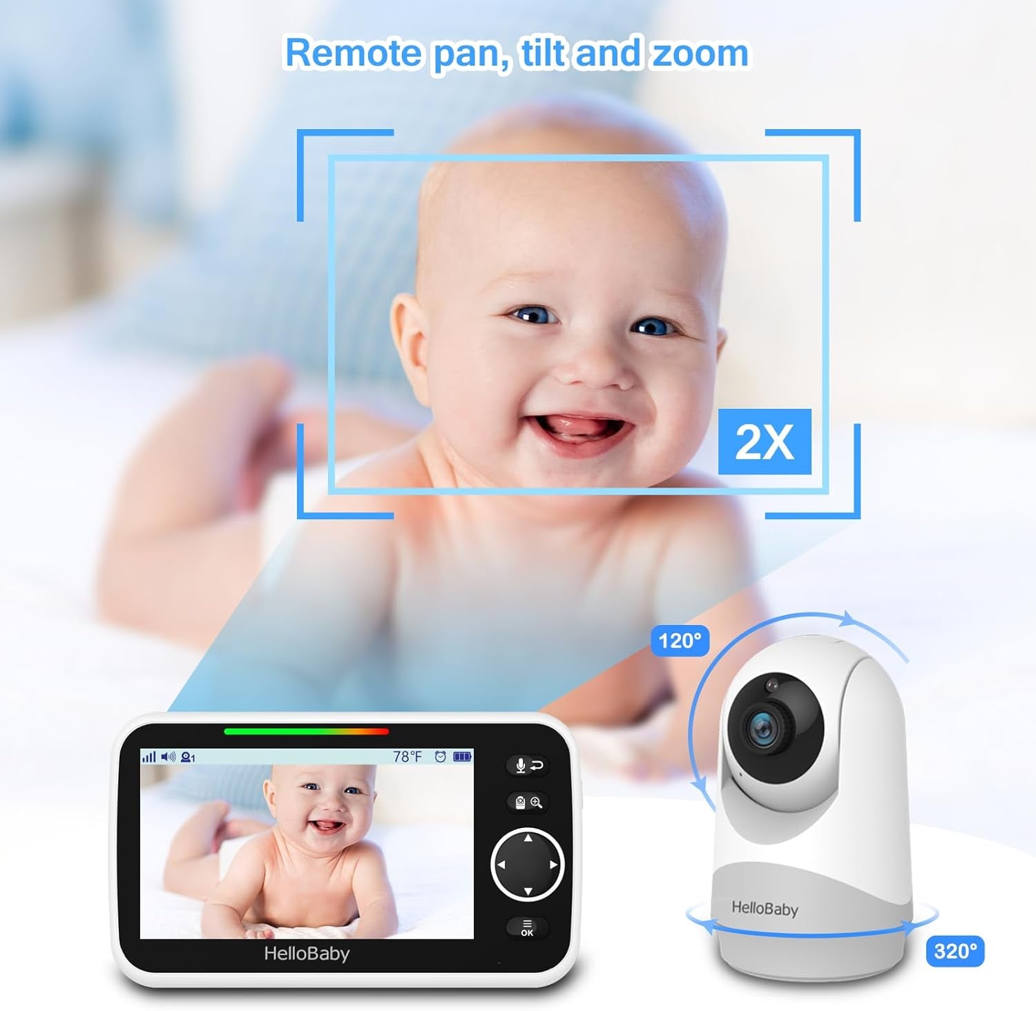 Monitor with Camera and Audio, 5'' Large Screen with 3500Mah Battery, Remote Pan-Tilt-Zoom Camera, Two-Way Talk, Eco-Mode, Auto-Night Vision, Range up to 960Ft and No Wifi