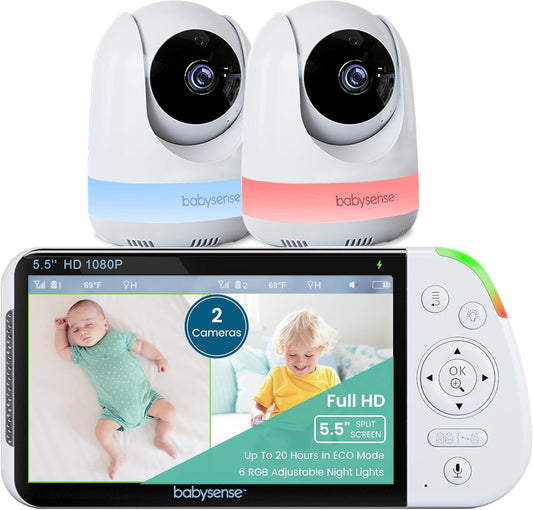 5.5” 1080P Full HD Split-Screen Baby Monitor, Video Baby Monitor with Camera and Audio, Two PTZ Cameras, RGB Night Light, 300M Range, Two-Way Audio, 4X Zoom, 5000Mah Battery