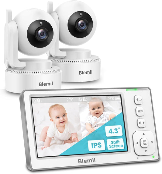 Upgrade Baby Monitor with 29-Hour Battery, 4.3'' IPS Split-Screen Video Baby Monitor with Two Cameras and Audio, Remote Pan/Tilt/Zoom, Two-Way Talk, Room Temperature, No Wifi, 2X Zoom