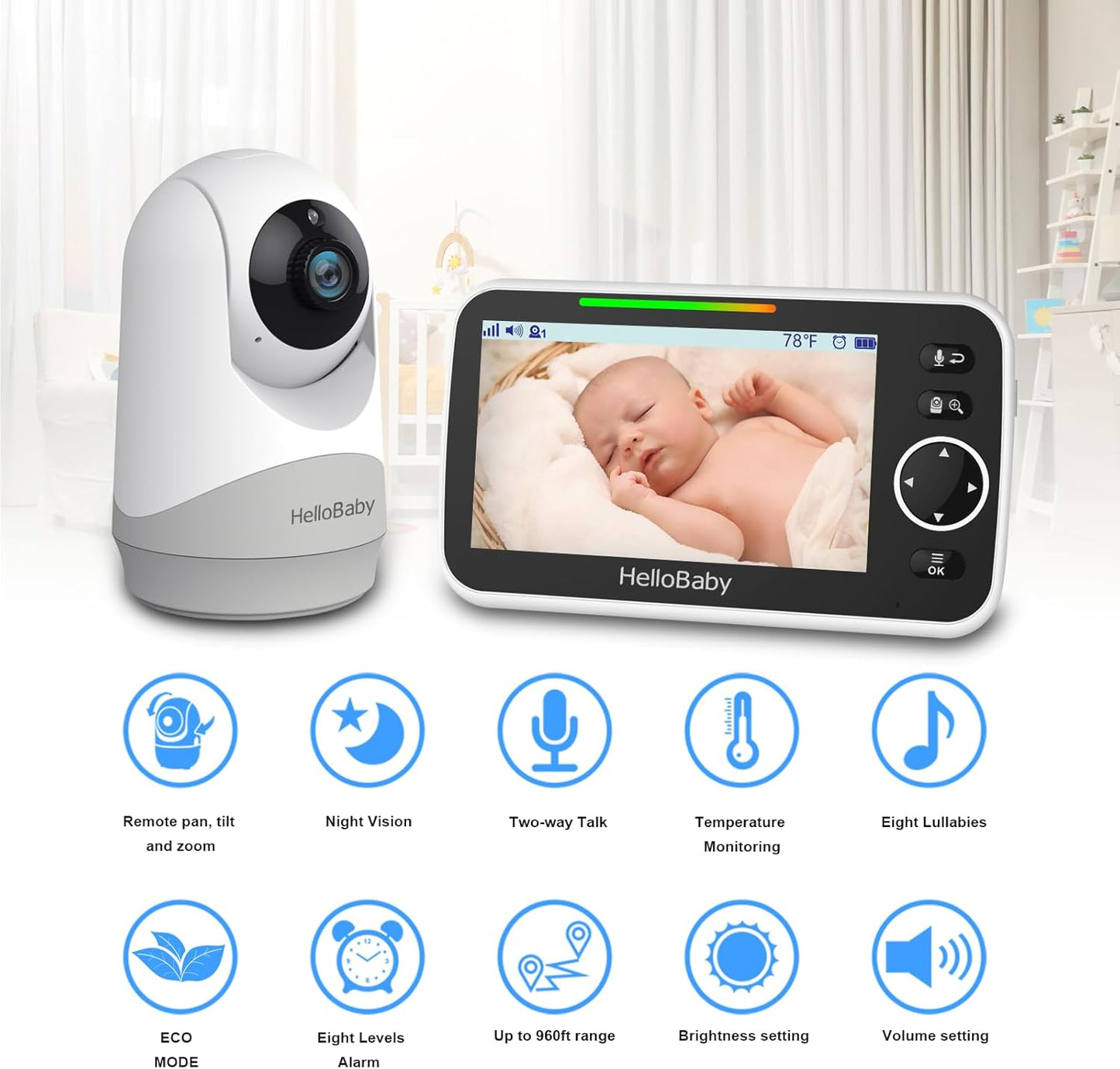 Monitor with Camera and Audio, 5'' Large Screen with 3500Mah Battery, Remote Pan-Tilt-Zoom Camera, Two-Way Talk, Eco-Mode, Auto-Night Vision, Range up to 960Ft and No Wifi